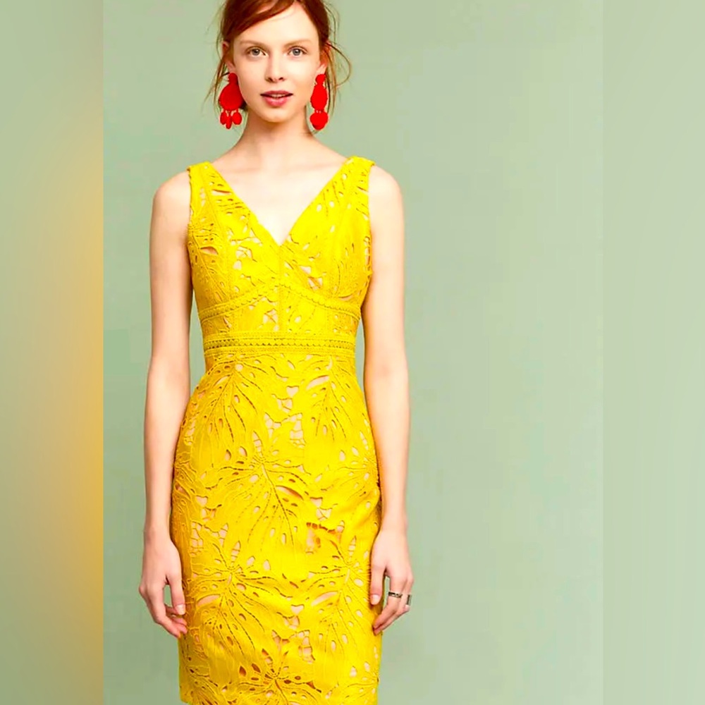 Anthropologie Gardenia Yellow Lace floral Pencil dress sz 8